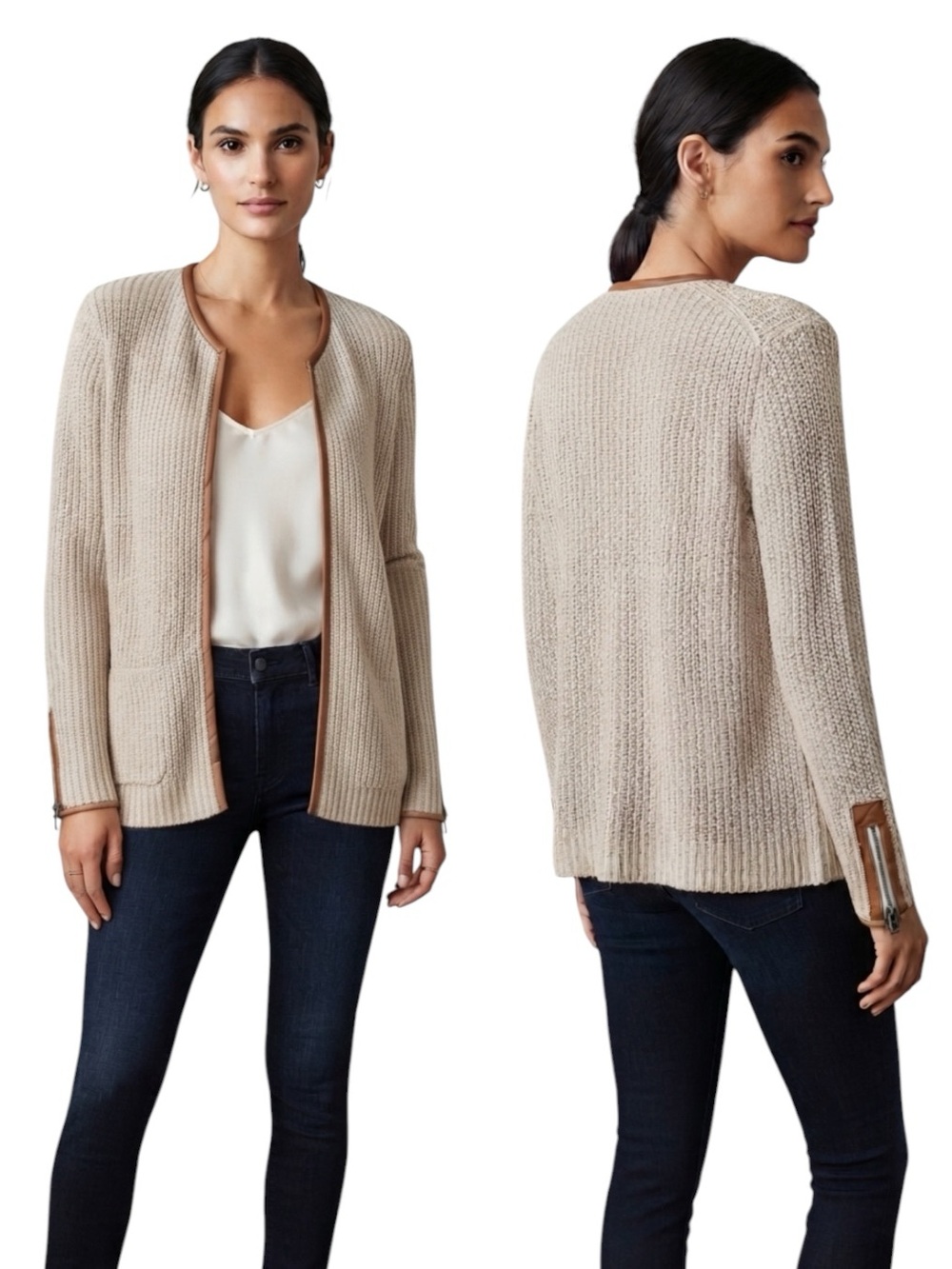 Lucky Brand Beige Knit Open-Front Cotton Cardigan Brown Trim Size L